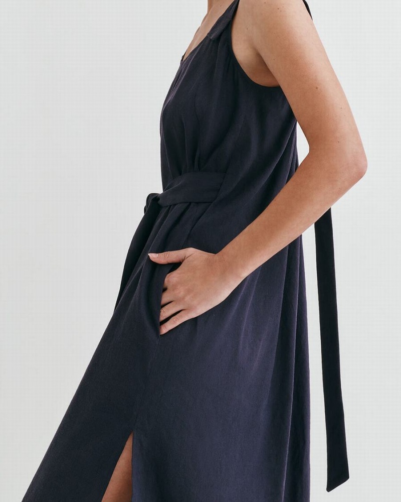 Cuyana Linen Gathered Back Kleid Damen Navy | JQN626WZ