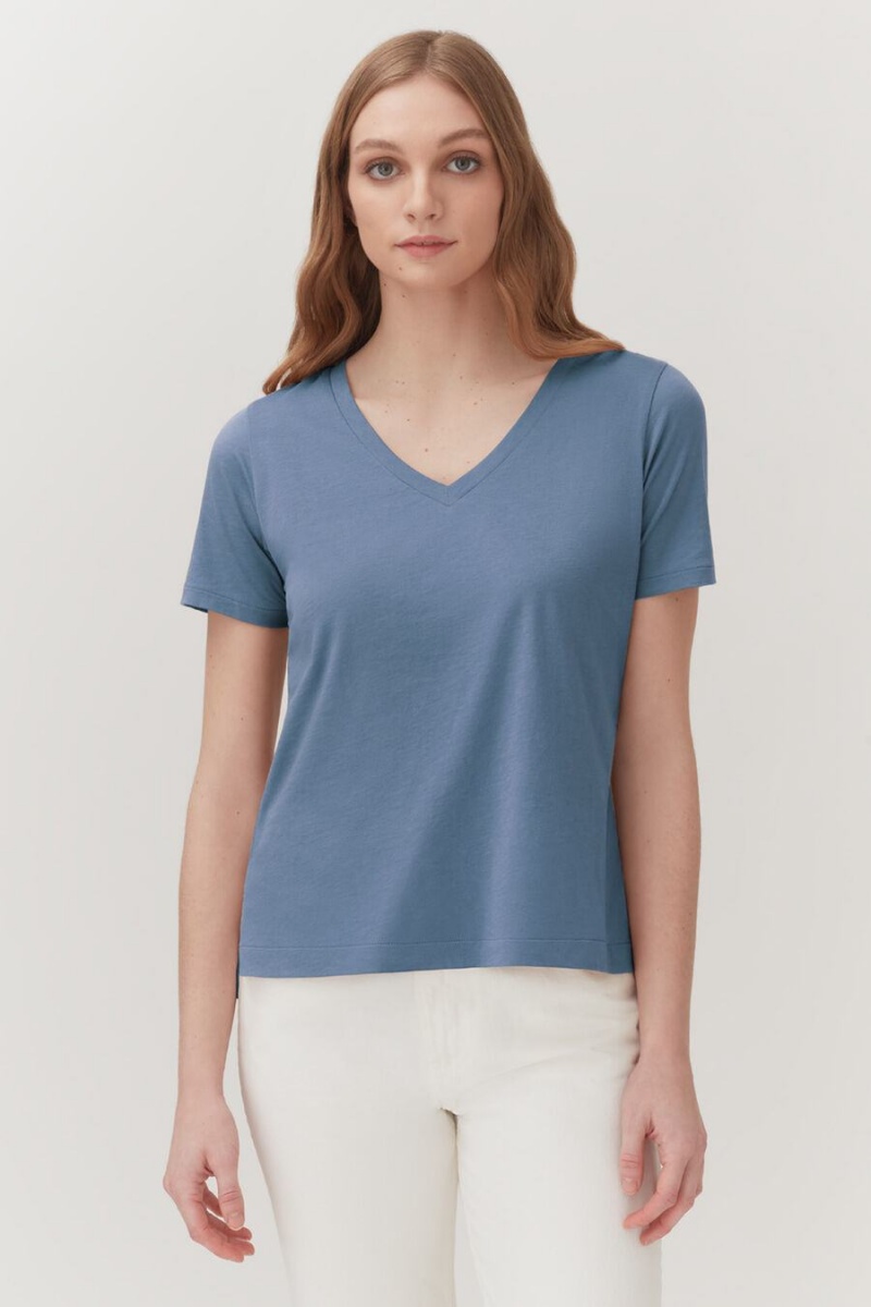 Cuyana Pima V-Neck Tee T-shirts Damen Blau | XTO8223BG