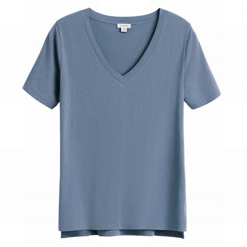 Cuyana Pima V-Neck Tee T-shirts Damen Blau | XTO8223BG