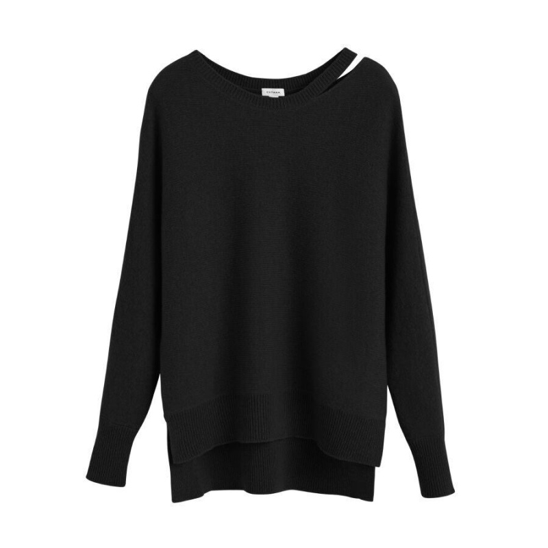 Cuyana Recycled Cashmere Split-Neck Pullover Damen Schwarz | RGD1135AR