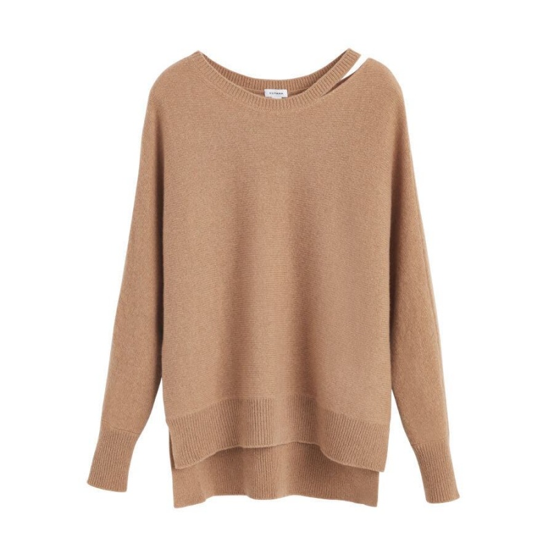 Cuyana Recycled Cashmere Split-Neck Pullover Damen Braun | DAX4794IE