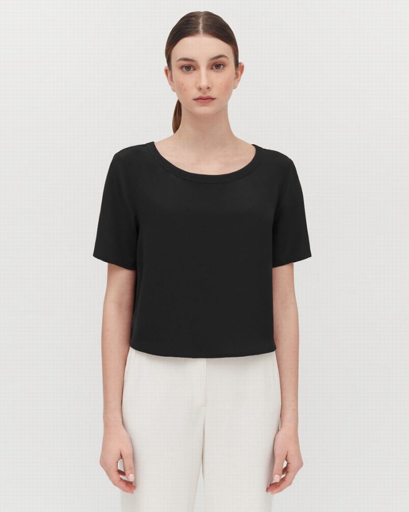 Cuyana Silk Cropped Crewneck Tee T-shirts Damen Schwarz | LKW7731NT