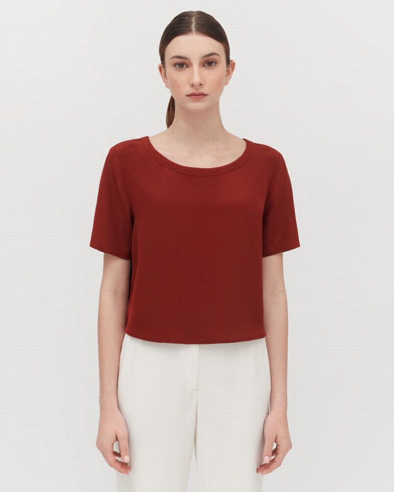 Cuyana Silk Cropped Crewneck Tee T-shirts Damen Dunkelrot | PZF5426MT