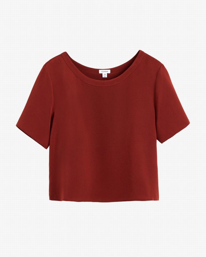 Cuyana Silk Cropped Crewneck Tee T-shirts Damen Dunkelrot | PZF5426MT