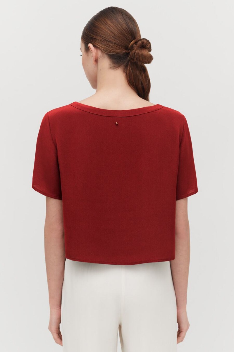 Cuyana Silk Cropped Crewneck Tee T-shirts Damen Rot | AJK6972QW