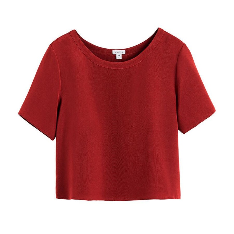 Cuyana Silk Cropped Crewneck Tee T-shirts Damen Rot | AJK6972QW