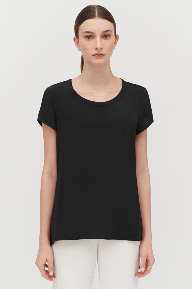 Cuyana Silk High-Low Tee T-shirts Damen Schwarz | ATP1723VR