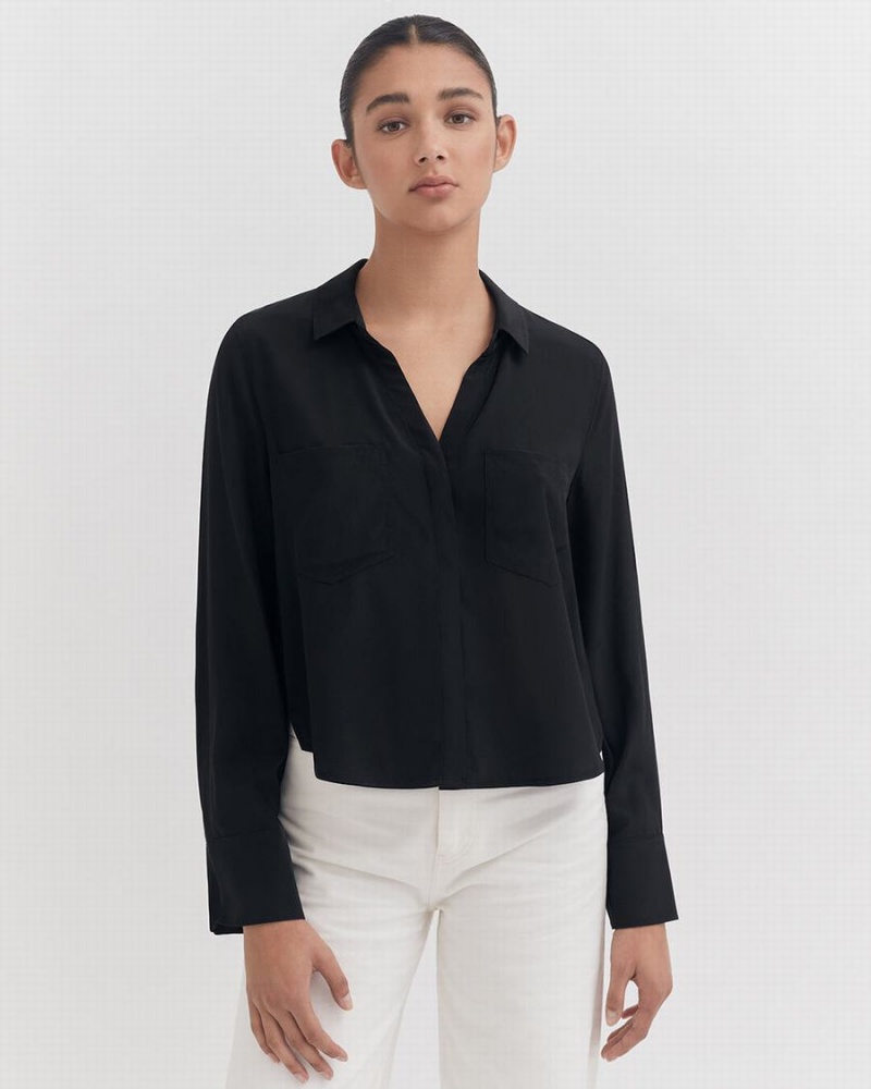 Cuyana Silk Pocket Front Cropped Hemd Damen Schwarz | ZAC7130SW