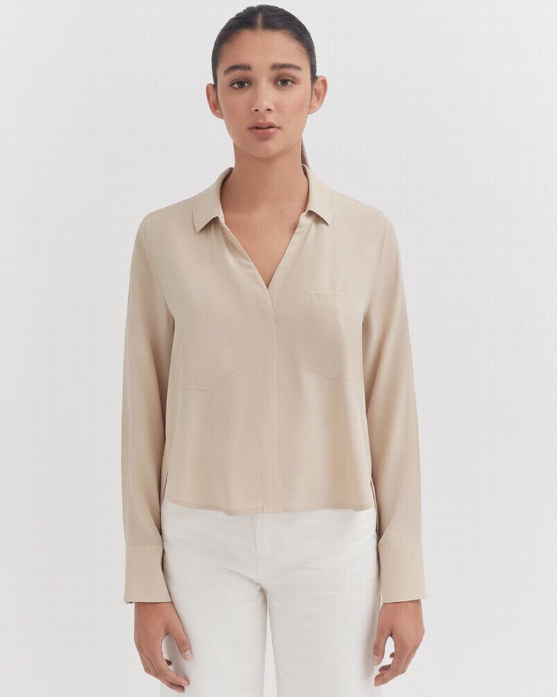 Cuyana Silk Pocket Front Cropped Hemd Damen Braun | LGV2992AN