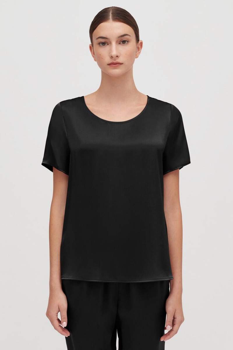 Cuyana Washable Charmeuse High-Low Top T-shirts Damen Schwarz | HUD6385BJ