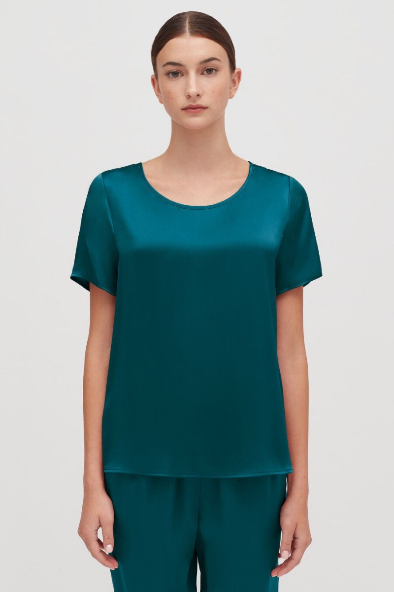 Cuyana Washable Charmeuse High-Low Top T-shirts Damen Blau | QNF9544CH